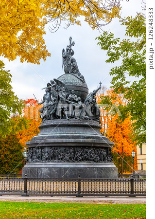 Millennium of Russia is monument in Novgorod Kremlin in Veliky Novgorod, Russia. The monument was erected in 1862 Millennium of Russia is monument in Novgorod Kremlin in Veliky Novgorod, Russia. The monument was erected in 1862 126248333