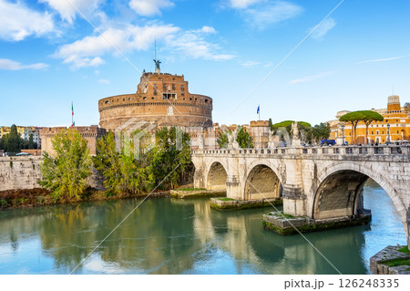 Castel Sant'Angelo and the Sant'Angelo bridge over Tiber river in Rome, Italy. Castle of Holy Angel (Castel Sant'Angelo) and St. Angel bridge (Ponte Sant'Angelo) in Rome, Italy. Castel Sant'Angelo and the Sant'Angelo bridge over Tiber river in Rome, Italy. Castle of Holy Angel (Castel Sant'Angelo) and St. Angel bridge (Ponte Sant'Angelo) in Rome, Italy. 126248335