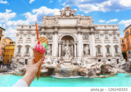 Italian ice cream gelato in front of amazing Trevi Fountain in Rome, Italy. 126248383