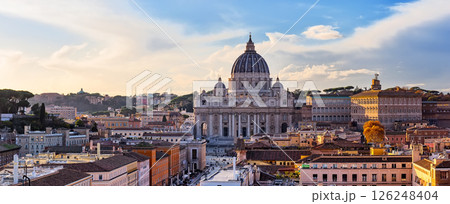 Panorama of Saint Peter Basilica in Vatican City at Rome, Italy and Street Via della Conciliazione at sunset sky. Panorama of Saint Peter Basilica in Vatican City at Rome, Italy and Street Via della Conciliazione at sunset sky. 126248404