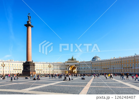 Alexander column with an angel on the Palace Square in St. Petersburg, Russia. Alexander column with an angel on the Palace Square in St. Petersburg, Russia. 126248407
