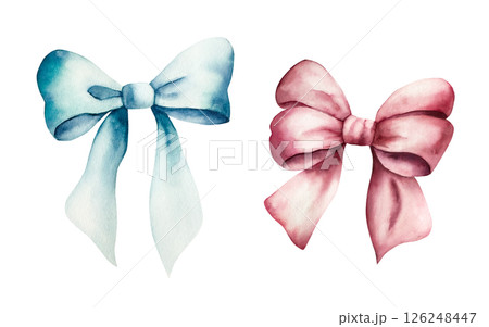 Decorative blue and red bows with long ribbon. Watercolor accessory of little girl. Hand drawn illustration isolated on background, transparent png. Botanical and wedding illustration. Baby shower Decorative blue and red bows with long ribbon. Watercolor accessory of little girl. Hand drawn illustration isolated on background, transparent png. Botanical and wedding illustration. Baby shower 126248447
