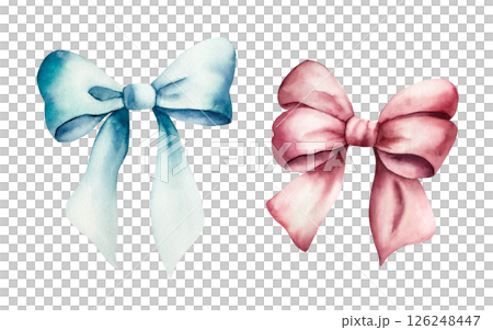 Decorative blue and red bows with long ribbon. Watercolor accessory of little girl. Hand drawn illustration isolated on background, transparent png. Botanical and wedding illustration. Baby shower Decorative blue and red bows with long ribbon. Watercolor accessory of little girl. Hand drawn illustration isolated on background, transparent png. Botanical and wedding illustration. Baby shower 126248447