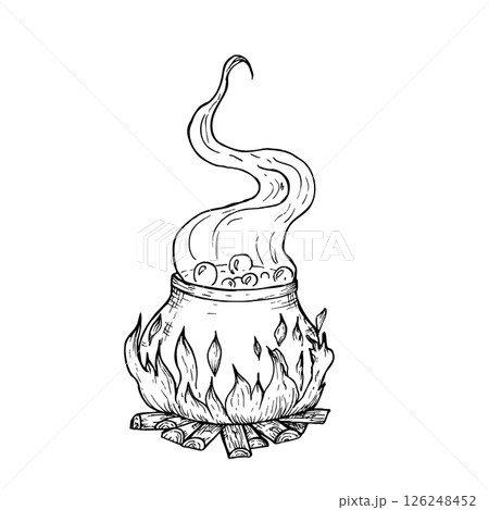 Vector Mystical cauldron glowing with magical fire. Hand painted linear wizard halloween illustration. Graphic magic monochrome sketch isolated on background. For designers, prints, logo, icon, menu 126248452
