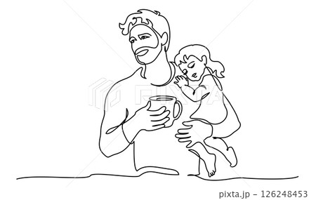 Happy Fathers Day holiday card. Dad drinks morning coffee and holds his sleeping daughter in his arms. 126248453