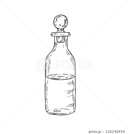 Vector Glass potion bottle with cork. Hand painted linear wizard halloween illustration. Graphic magic monochrome sketch isolated on background. For designers, prints, logo, icon, menu, postcards 126248454