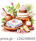 Watercolor illustration: spa setting with smooth stones, lit candles, bright flowers  126248600