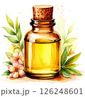 Watercolor illustration of a bottle with aromatic oils and flowers on a white background. 126248601