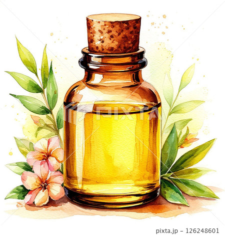 Watercolor illustration of a bottle with aromatic oils and flowers on a white background. 126248601