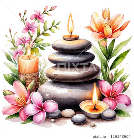 illustration: spa setting with smooth stones, lit candles, bright flowers, on white background. 126248604