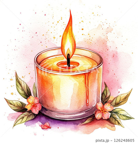 Watercolor illustration of aromatic candle, flowers around on white background. 126248605