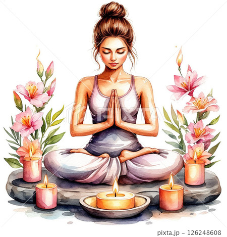 A young woman practicing yoga flowers and candles. Watercolor illustration on white background 126248608