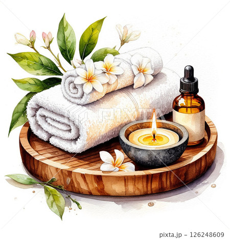 Watercolor illustration: spa setting with smooth stones, lit candles, bright flowers  126248609