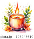Watercolor illustration of aromatic candle, flowers around on white background. 126248610