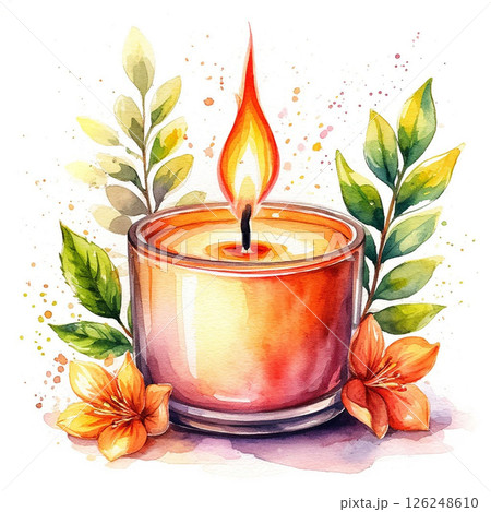 Watercolor illustration of aromatic candle, flowers around on white background. 126248610