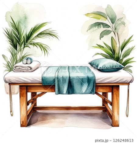 Watercolor illustration: A cozy spa room featuring a massage table  126248613