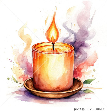 Watercolor illustration of aromatic candle, flowers around on white background. 126248614