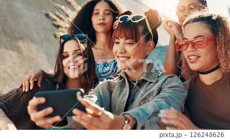 Selfie, friends and women in city, fashion and profile picture with happiness, youth culture and urban town. Outdoor, people and group in street, confidence or swag with diversity together or smile 126248626