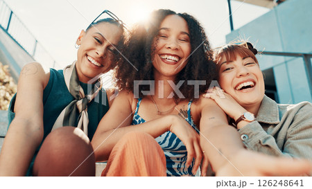 Girl, selfie and happy with friends in city, portrait or bonding with low angle for fashion in summer. Gen z women, group and travel with photography, memory or trendy style for social media in town 126248641
