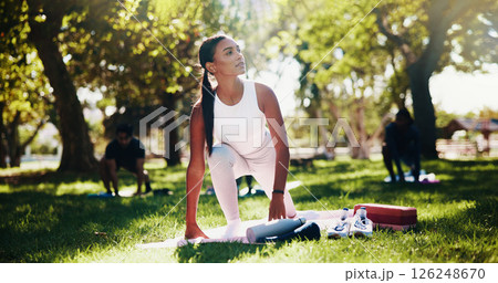 Outdoor, fitness and woman with people, stretching and natural with flexibility. Wellness, yogi and person in park, summer and break with workout, calm and healthy with breathing and exercise 126248670