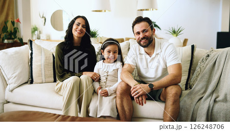 Portrait, happy family and living room with parents, child and sofa with love, bonding and relax in home. Mom, dad and girl on couch in apartment with smile, man and woman with daughter together Portrait, happy family and living room with parents, child and sofa with love, bonding and relax in home. Mom, dad and girl on couch in apartment with smile, man and woman with daughter together 126248706