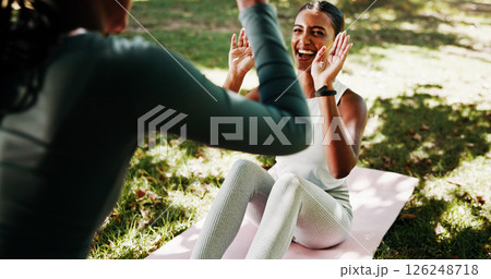High five, outdoor and women with fitness, smile and support with exercise goals. People, hand gesture and friends in park, nature and sunshine with motivation, wellness and healthy with workout High five, outdoor and women with fitness, smile and support with exercise goals. People, hand gesture and friends in park, nature and sunshine with motivation, wellness and healthy with workout 126248718