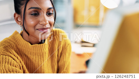 Blog, computer and smile with business woman in office for creative newsletter, publication or planning. Email marketing, subscription campaign and copywriting editor with person in startup agency Blog, computer and smile with business woman in office for creative newsletter, publication or planning. Email marketing, subscription campaign and copywriting editor with person in startup agency 126248751