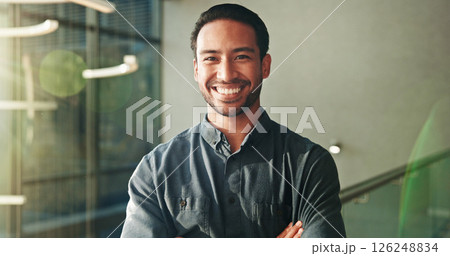 Portrait, business and man with smile in lobby for career pride, about us and corporate accountant. Happy, male person and proud with arms crossed, ambition and finance opportunity in office space 126248834