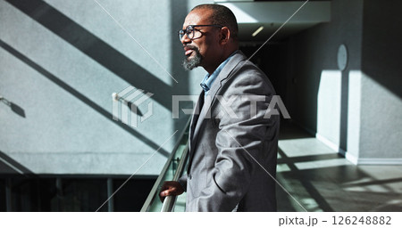 Glasses, thinking and business black man in office for conference, keynote speaker and reflection. Capital venture, investor expo and future with person of seminar for vision and account advisor 126248882