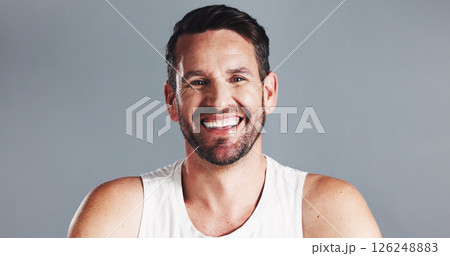 Space, portrait and happy man with beauty in studio for anti aging, dermatology or collagen mockup. Results, wrinkle treatment or confident mature person on grey background for cosmetics or skincare 126248883