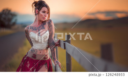 An award-winning photographic masterpiece capturing the radiant beauty of a woman adorned with intricate body tattoos, showcasing her graceful feminine curves. Generative AI 126248933