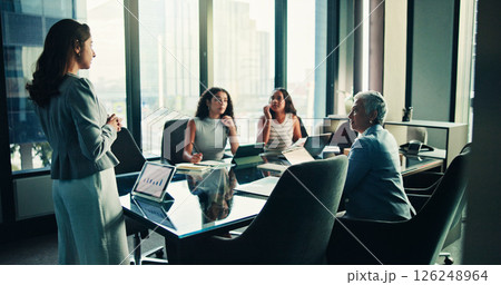 Meeting, planning and tablet with business woman in office for consulting, presentation or chart feedback. Portfolio, investor report and account update with person for team, discussion and solution Meeting, planning and tablet with business woman in office for consulting, presentation or chart feedback. Portfolio, investor report and account update with person for team, discussion and solution 126248964