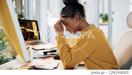 Creative, paperwork and woman with headache of stress for client feedback, bad SEO review and overwhelmed. Web designer, employee and tension migraine for engagement metrics error and disappointed 126249003