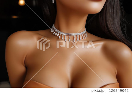 A close-up view of an elegant diamond necklace on a woman's neck, surrounded by a sophisticated atmosphere, emphasizing luxury, fashion, and exquisite jewelry at a glamorous evening setting. 126249042