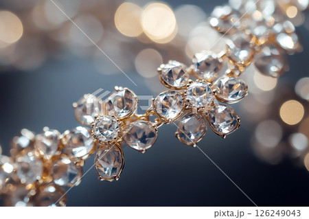 Sparkling close-up of exquisite luxury floral jewelry with crystals and gold detailing, showcasing elegance. 126249043