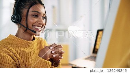 Call center, representative and woman with headset, smile and review of sales on computer or online. Customer service, agent and person with tech for communication, happy or employee with info on web 126249246