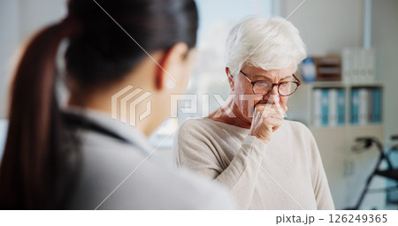Sad woman, doctor and crying in office, healthcare and consultation with support, help and cancer. Pensioner, elderly patient or medical with professional, results or empathy with stress and sympathy Sad woman, doctor and crying in office, healthcare and consultation with support, help and cancer. Pensioner, elderly patient or medical with professional, results or empathy with stress and sympathy 126249365