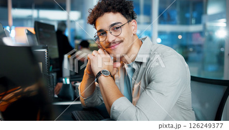 Office, businessman and portrait with computer for programming, web development deadline or smile. Professional career, night and male programmer with tech for coding, software update and information 126249377