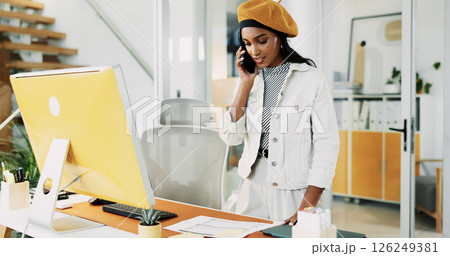 Woman, phone call and reading document in office for discussion, confirm schedule and reporter chat. Journalist, conversation and information for story feedback, client contact and publication agenda Woman, phone call and reading document in office for discussion, confirm schedule and reporter chat. Journalist, conversation and information for story feedback, client contact and publication agenda 126249381