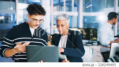 Man, developer and mentor on laptop in office for programming, coding training and server update. People, manager and help for testing pc, IT intern and website application and troubleshooting system Man, developer and mentor on laptop in office for programming, coding training and server update. People, manager and help for testing pc, IT intern and website application and troubleshooting system 126249405
