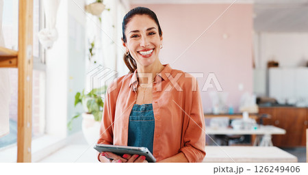 Pottery, tablet and portrait of woman in workshop for inventory, planning and checklist of ceramic designs. Creative business, art studio and person on digital tech for hobby, clay craft and website 126249406