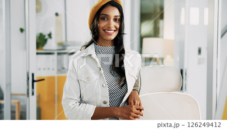 Portrait, startup and happy business woman in office with pride for career as social media marketer. Smile, creative and professional worker with confidence as audience engagement specialist in India Portrait, startup and happy business woman in office with pride for career as social media marketer. Smile, creative and professional worker with confidence as audience engagement specialist in India 126249412