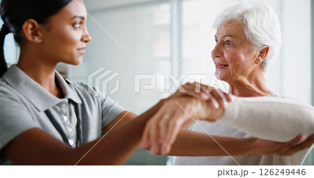 Physiotherapy, consulting and woman with senior patient for medical service, support and wellness. Healthcare, chiropractor and physical therapist with person for mobility, rehabilitation and help Physiotherapy, consulting and woman with senior patient for medical service, support and wellness. Healthcare, chiropractor and physical therapist with person for mobility, rehabilitation and help 126249446