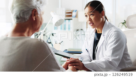 Senior patient, doctor and holding hands for support, healthcare or cancer diagnosis on tablet. Medical professional, conversation or comfort elderly woman for bad news, kindness or empathy in clinic Senior patient, doctor and holding hands for support, healthcare or cancer diagnosis on tablet. Medical professional, conversation or comfort elderly woman for bad news, kindness or empathy in clinic 126249519