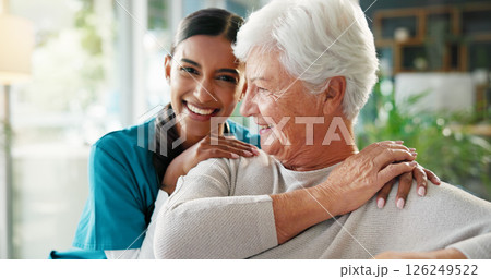 Medical, smile or support with old woman and nurse in living room of retirement home for wellness. Bonding, healthcare or visit with caregiver and senior patient in apartment for portrait or nursing 126249522