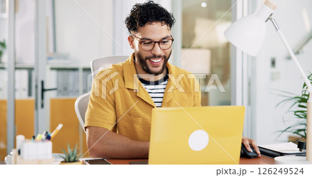 Office, businessman and smile with laptop for creative agency, article information and publication. Career, male person and content writer with digital for copywriting, blog post and happy for news 126249524