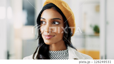 Thinking, ambition and woman in office, smile and daydreaming for career growth in creative agency. Confident, writer and person with inspiration for story, happy or reflection for future in business Thinking, ambition and woman in office, smile and daydreaming for career growth in creative agency. Confident, writer and person with inspiration for story, happy or reflection for future in business 126249531