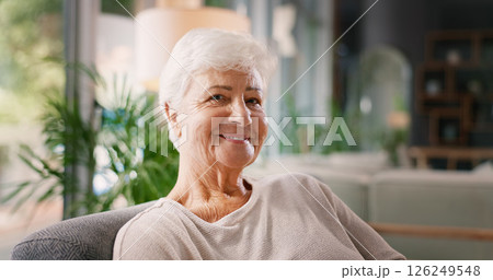 Senior, woman and smile in portrait on sofa with peaceful retirement, security or mortgage freedom. Elderly person, relax and happy in living room for comfortable break, insurance or wellness in home Senior, woman and smile in portrait on sofa with peaceful retirement, security or mortgage freedom. Elderly person, relax and happy in living room for comfortable break, insurance or wellness in home 126249548
