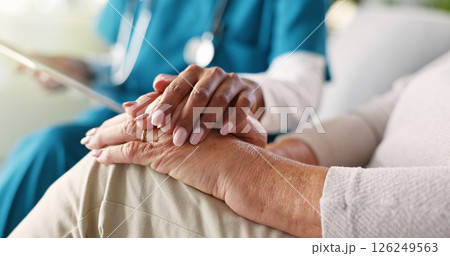 People, hands and nurse with patient for empathy, comfort or consultation at retirement home. Closeup, doctor or caregiver with senior client for assisted living, sympathy or elderly care at house People, hands and nurse with patient for empathy, comfort or consultation at retirement home. Closeup, doctor or caregiver with senior client for assisted living, sympathy or elderly care at house 126249563