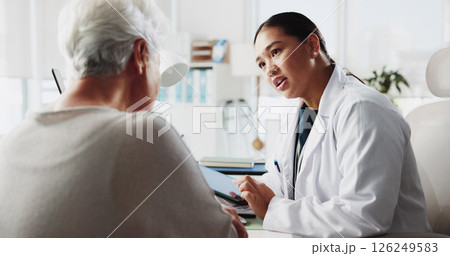 Tablet, doctor and talking to patient for healthcare report, test results and help. Medical professional, tech and consultation with elderly woman for checkup or questions for symptoms in hospital Tablet, doctor and talking to patient for healthcare report, test results and help. Medical professional, tech and consultation with elderly woman for checkup or questions for symptoms in hospital 126249583